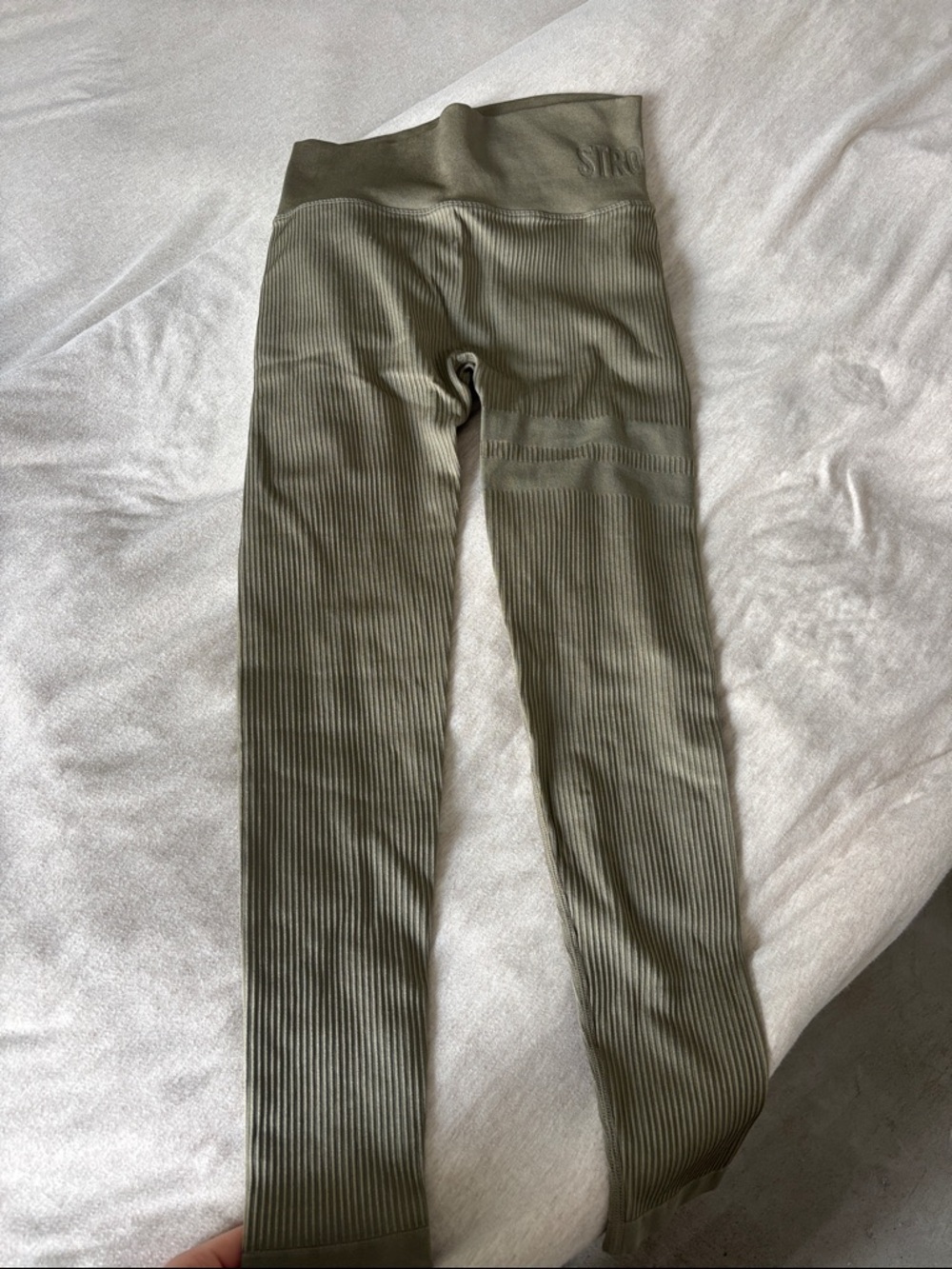 Girls Olive Ribbed High-Waist Leggings